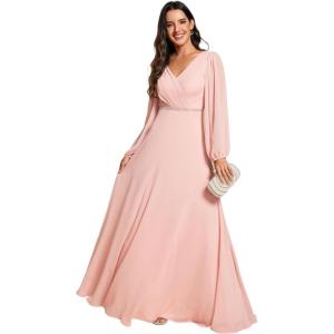 imageEverPretty Womens Formal Dresses Long Sleeve V Neck Empire Waist A Line Beading Floor Length Wedding Guest Dress 01981Pink