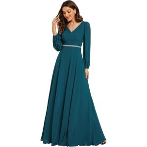 imageEverPretty Womens Formal Dresses Long Sleeve V Neck Empire Waist A Line Beading Floor Length Wedding Guest Dress 01981Teal