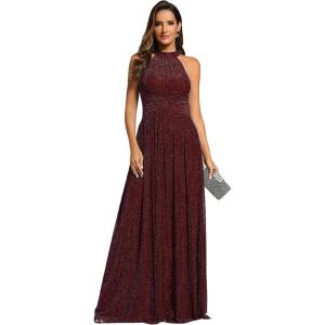 imageEverPretty Womens Halter Neck Summer Formal Dresses Sleeveless Pletaed Floor Length Glitter Evening Dresses 41961Burgundy