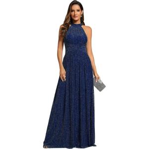 imageEverPretty Womens Halter Neck Summer Formal Dresses Sleeveless Pletaed Floor Length Glitter Evening Dresses 41961Navy Blue