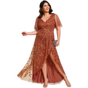 imageEverPretty Womens Plus Size Gorgeous A Line Sequin Embroidered Formal Evening Dress with Sleeves 02083DABurnt Orange