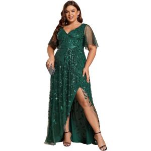 imageEverPretty Womens Plus Size Gorgeous A Line Sequin Embroidered Formal Evening Dress with Sleeves 02083DADark Green