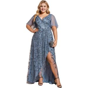 imageEverPretty Womens Plus Size Gorgeous A Line Sequin Embroidered Formal Evening Dress with Sleeves 02083DADusty Navy