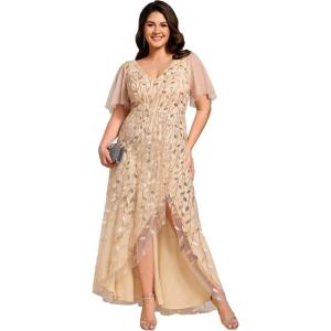 imageEverPretty Womens Plus Size Gorgeous A Line Sequin Embroidered Formal Evening Dress with Sleeves 02083DAGold