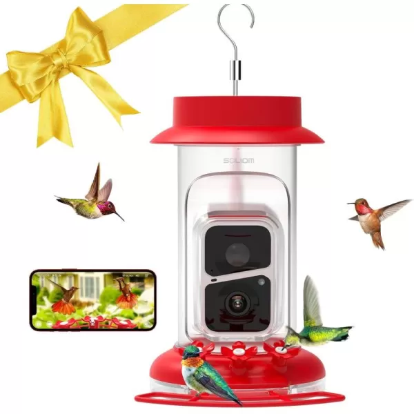 imageSoliom HumbirdyThe Original Hummingbird Feeder Camera with Ant MoatBee ProofAI Identify Bird SpeciesBird Watching Camera W 3 Feeding PortsInstant NotificationsGifts Ideas for Family16 OuncesRed