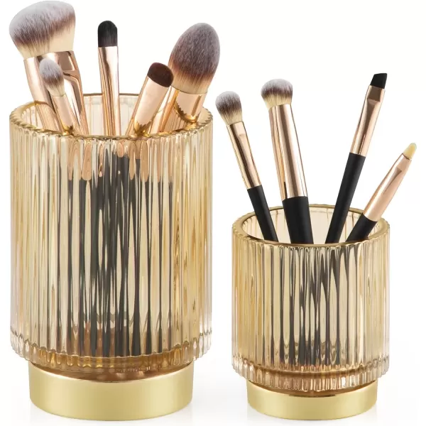 imageCANITORON Makeup Brush Holder 2 Pack Glass Cosmetic Makeup Brush Organizer Storage Organizer for Paint Brush Pen Pencil Eyeliner Bathroom Counter Dresser Bedroom Storage CupGreen SLAmber