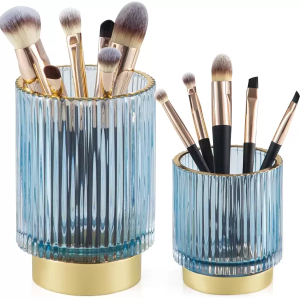 imageCANITORON Makeup Brush Holder 2 Pack Glass Cosmetic Makeup Brush Organizer Storage Organizer for Paint Brush Pen Pencil Eyeliner Bathroom Counter Dresser Bedroom Storage CupGreen SLBlue
