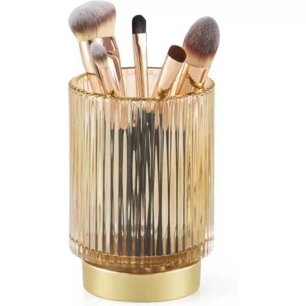 imageCANITORON Makeup Brush Holder 2 Pack Glass Cosmetic Makeup Brush Organizer Storage Organizer for Paint Brush Pen Pencil Eyeliner Bathroom Counter Dresser Bedroom Storage CupGreen SLAmber
