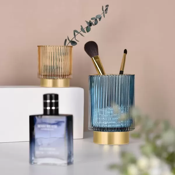 imageCANITORON Makeup Brush Holder 2 Pack Glass Cosmetic Makeup Brush Organizer Storage Organizer for Paint Brush Pen Pencil Eyeliner Bathroom Counter Dresser Bedroom Storage CupGreen SLBlue