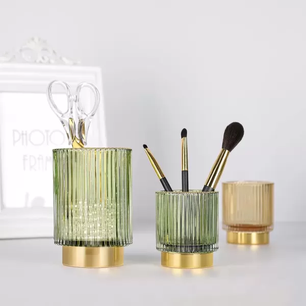 imageCANITORON Makeup Brush Holder 2 Pack Glass Cosmetic Makeup Brush Organizer Storage Organizer for Paint Brush Pen Pencil Eyeliner Bathroom Counter Dresser Bedroom Storage CupGreen SLGreen