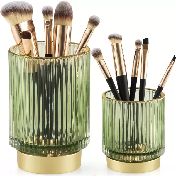 imageCANITORON Makeup Brush Holder 2 Pack Glass Cosmetic Makeup Brush Organizer Storage Organizer for Paint Brush Pen Pencil Eyeliner Bathroom Counter Dresser Bedroom Storage CupGreen SLGreen