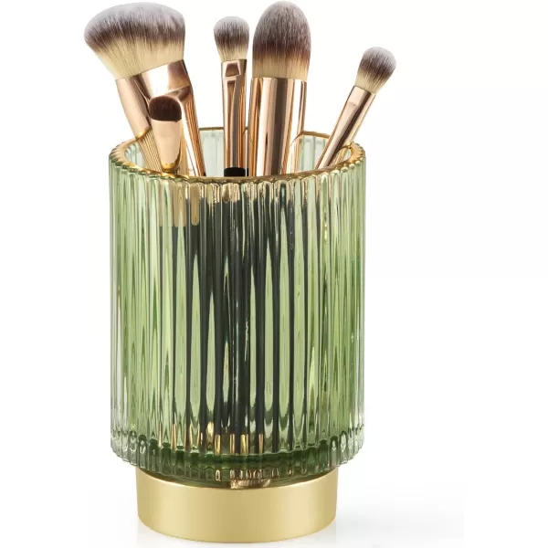 imageCANITORON Makeup Brush Holder 2 Pack Glass Cosmetic Makeup Brush Organizer Storage Organizer for Paint Brush Pen Pencil Eyeliner Bathroom Counter Dresser Bedroom Storage CupGreen SLGreen