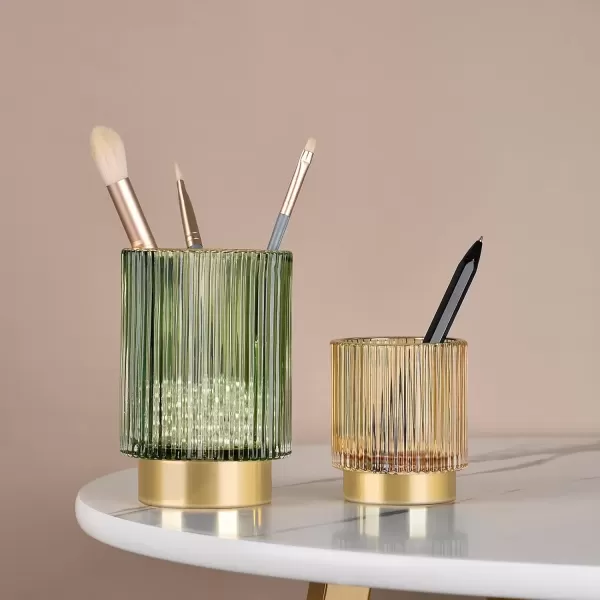 imageCANITORON Makeup Brush Holder 2 Pack Glass Cosmetic Makeup Brush Organizer Storage Organizer for Paint Brush Pen Pencil Eyeliner Bathroom Counter Dresser Bedroom Storage CupGreen SLGreen