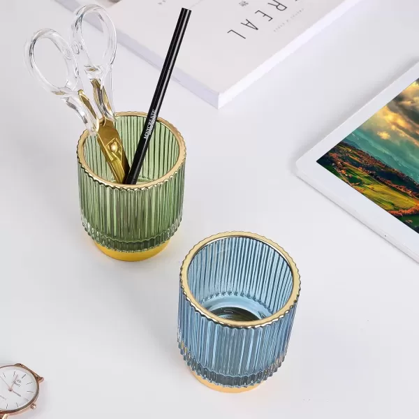 imageCANITORON Makeup Brush Holder 2 Pack Glass Cosmetic Makeup Brush Organizer Storage Organizer for Paint Brush Pen Pencil Eyeliner Bathroom Counter Dresser Bedroom Storage CupGreen SLBlue
