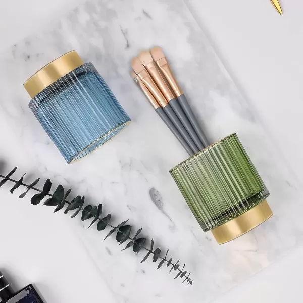 imageCANITORON Makeup Brush Holder 2 Pack Glass Cosmetic Makeup Brush Organizer Storage Organizer for Paint Brush Pen Pencil Eyeliner Bathroom Counter Dresser Bedroom Storage CupGreen SLBlue