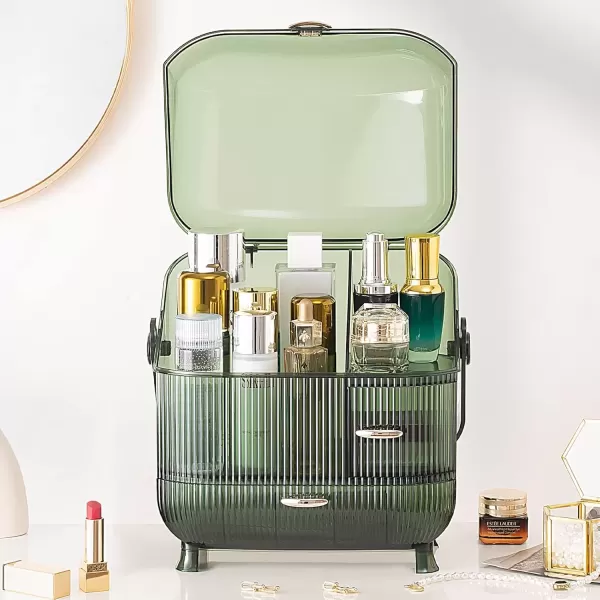 imageCANITORON Makeup Organizer for VanityClear Skincare Organizer with Large Capacity and Lipstick Organizer3layer Cosmetic Display CaseEgg ShapeOval Cosmetic Storage Box including golden HandleGreen