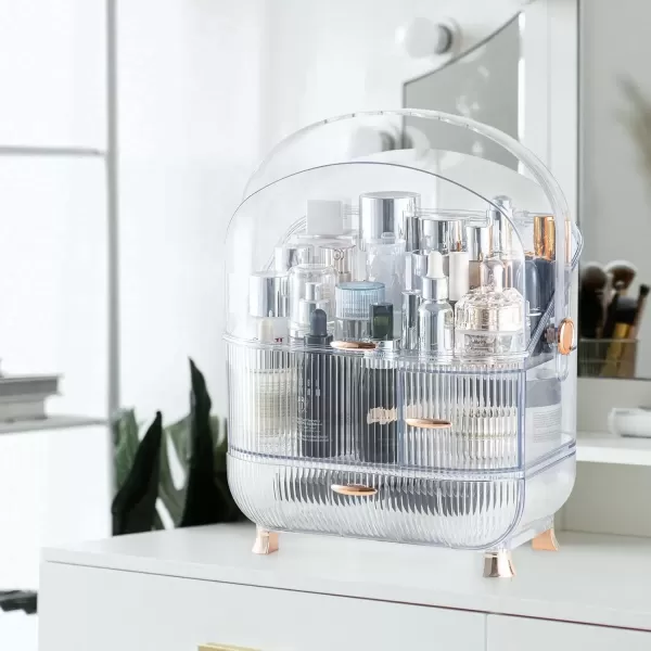 imageCANITORON Makeup Organizer for VanityClear Skincare Organizer with Large Capacity and Lipstick Organizer3layer Cosmetic Display CaseEgg ShapeOval Cosmetic Storage Box including golden HandleClear