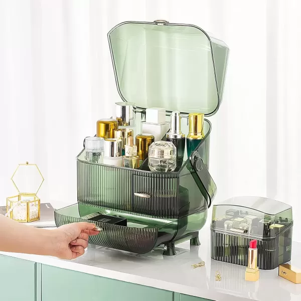imageCANITORON Makeup Organizer for VanityClear Skincare Organizer with Large Capacity and Lipstick Organizer3layer Cosmetic Display CaseEgg ShapeOval Cosmetic Storage Box including golden HandleGreen