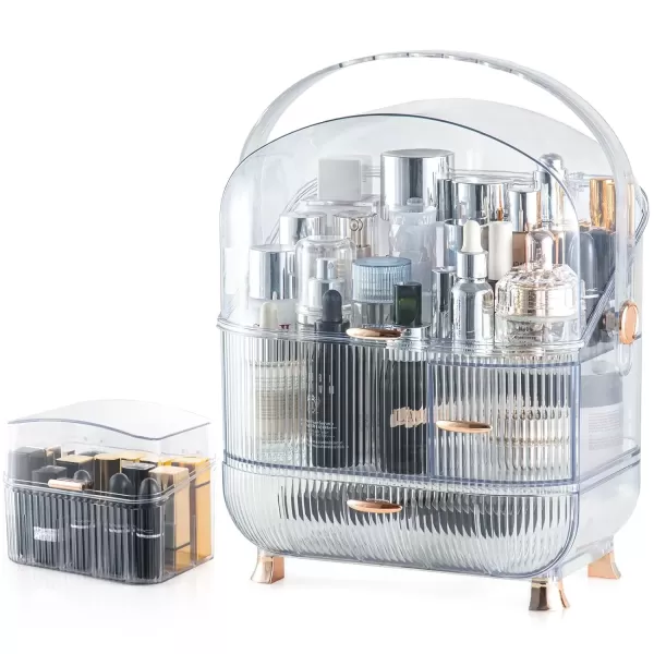 imageCANITORON Makeup Organizer for VanityClear Skincare Organizer with Large Capacity and Lipstick Organizer3layer Cosmetic Display CaseEgg ShapeOval Cosmetic Storage Box including golden HandleClear