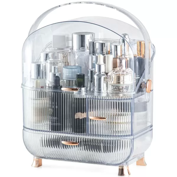 imageCANITORON Makeup Organizer for VanityClear Skincare Organizer with Large Capacity and Lipstick Organizer3layer Cosmetic Display CaseEgg ShapeOval Cosmetic Storage Box including golden HandleClear