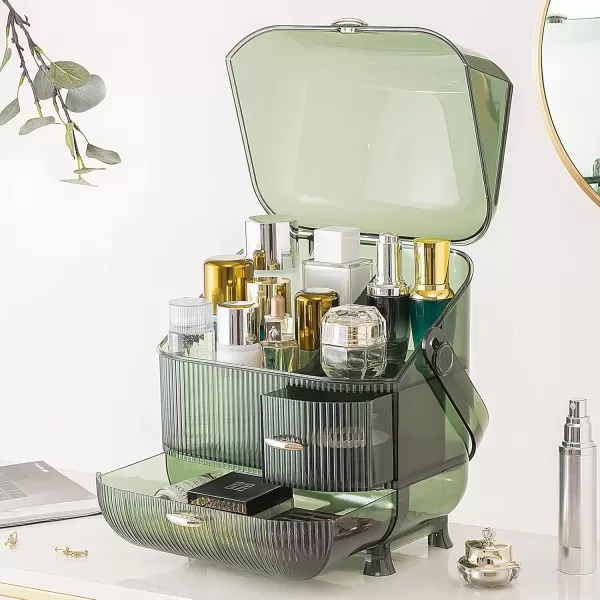 imageCANITORON Makeup Organizer for VanityClear Skincare Organizer with Large Capacity and Lipstick Organizer3layer Cosmetic Display CaseEgg ShapeOval Cosmetic Storage Box including golden HandleGreen