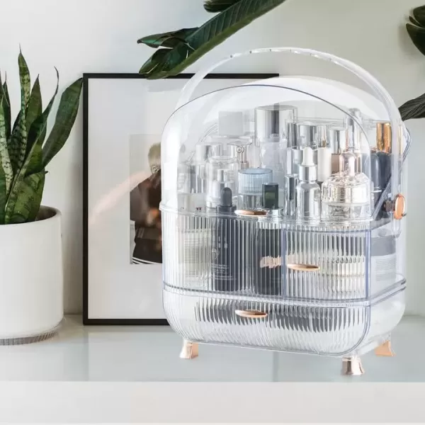 imageCANITORON Makeup Organizer for VanityClear Skincare Organizer with Large Capacity and Lipstick Organizer3layer Cosmetic Display CaseEgg ShapeOval Cosmetic Storage Box including golden HandleClear