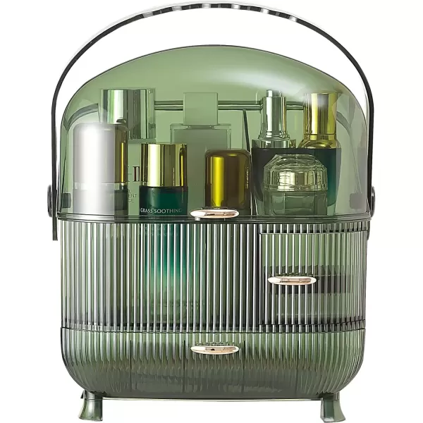 imageCANITORON Makeup Organizer for VanityClear Skincare Organizer with Large Capacity and Lipstick Organizer3layer Cosmetic Display CaseEgg ShapeOval Cosmetic Storage Box including golden HandleGreen