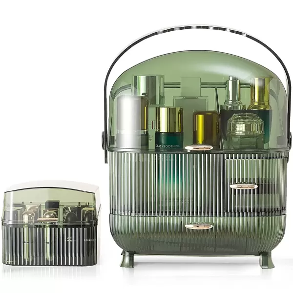 imageCANITORON Makeup Organizer for VanityClear Skincare Organizer with Large Capacity and Lipstick Organizer3layer Cosmetic Display CaseEgg ShapeOval Cosmetic Storage Box including golden HandleGreen