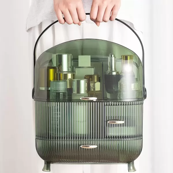 imageCANITORON Makeup Organizer for VanityClear Skincare Organizer with Large Capacity and Lipstick Organizer3layer Cosmetic Display CaseEgg ShapeOval Cosmetic Storage Box including golden HandleGreen