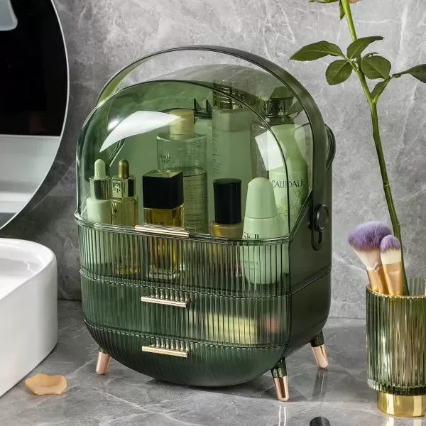 imageCANITORON Makeup OrganizerSkincare Organizer with 2 Drawers and Transparent CoverCosmetic Display Case for Vanity Organizer and Bathroom Countertop StorageWhiteClear Green
