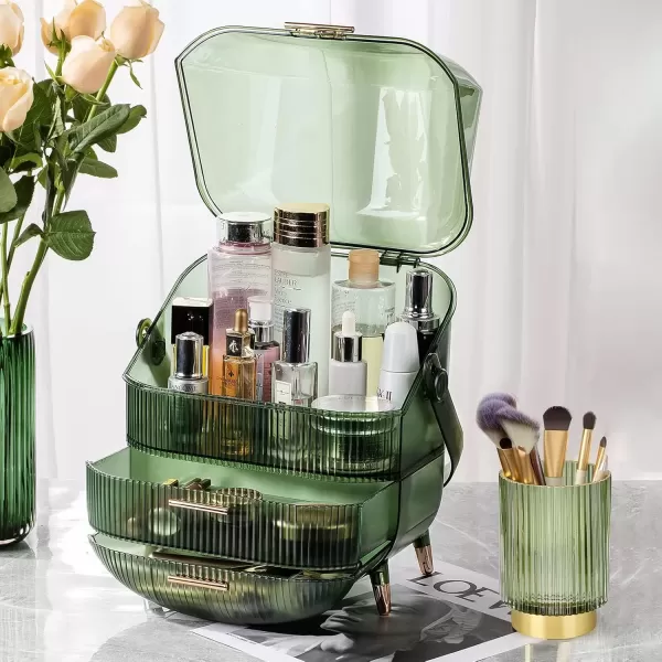imageCANITORON Makeup OrganizerSkincare Organizer with 2 Drawers and Transparent CoverCosmetic Display Case for Vanity Organizer and Bathroom Countertop StorageWhiteClear Green
