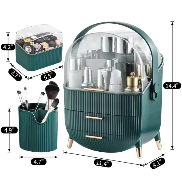 imageCANITORON Makeup OrganizerSkincare Organizer with 2 Drawers and Transparent CoverCosmetic Display Case for Vanity Organizer and Bathroom Countertop StorageWhiteGreen