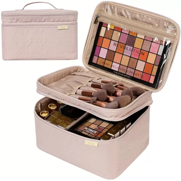 imageNISHEL Extra Large Double Layer Travel Makeup Bag Women Cosmetic Organizer Case Travel Essentials Accessories with Shoulder Strap for Bottles Brushes Conditioner Skin Care Products PinkPink