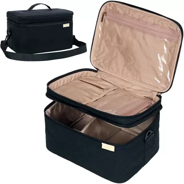 imageNISHEL Extra Large Double Layer Travel Makeup Bag Women Cosmetic Organizer Case Travel Essentials Accessories with Shoulder Strap for Bottles Brushes Conditioner Skin Care Products PinkBlack