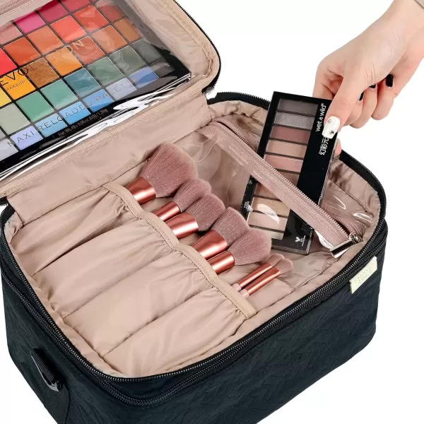 imageNISHEL Extra Large Double Layer Travel Makeup Bag Women Cosmetic Organizer Case Travel Essentials Accessories with Shoulder Strap for Bottles Brushes Conditioner Skin Care Products PinkBlack