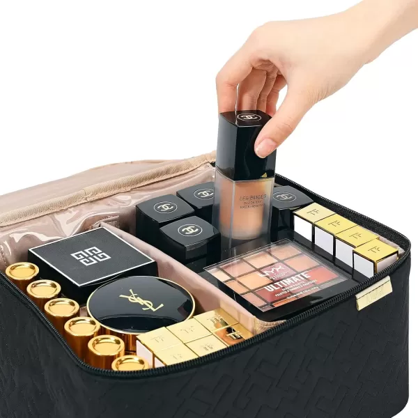 imageNISHEL Extra Large Double Layer Travel Makeup Bag Women Cosmetic Organizer Case Travel Essentials Accessories with Shoulder Strap for Bottles Brushes Conditioner Skin Care Products PinkBlack