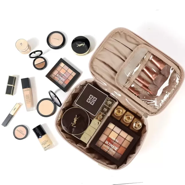 imageNISHEL Extra Large Double Layer Travel Makeup Bag Women Cosmetic Organizer Case Travel Essentials Accessories with Shoulder Strap for Bottles Brushes Conditioner Skin Care Products PinkPink