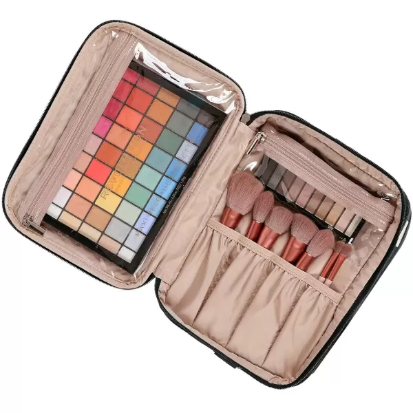 imageNISHEL Extra Large Double Layer Travel Makeup Bag Women Cosmetic Organizer Case Travel Essentials Accessories with Shoulder Strap for Bottles Brushes Conditioner Skin Care Products PinkBlack