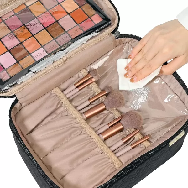 imageNISHEL Extra Large Double Layer Travel Makeup Bag Women Cosmetic Organizer Case Travel Essentials Accessories with Shoulder Strap for Bottles Brushes Conditioner Skin Care Products PinkBlack
