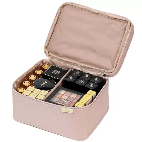 imageNISHEL Extra Large Double Layer Travel Makeup Bag Women Cosmetic Organizer Case Travel Essentials Accessories with Shoulder Strap for Bottles Brushes Conditioner Skin Care Products PinkPink
