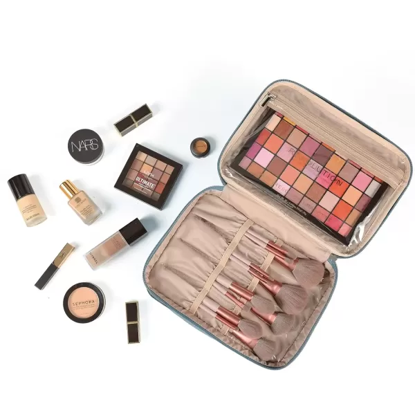 imageNISHEL Extra Large Double Layer Travel Makeup Bag Women Cosmetic Organizer Case Travel Essentials Accessories with Shoulder Strap for Bottles Brushes Conditioner Skin Care Products PinkLake Blue