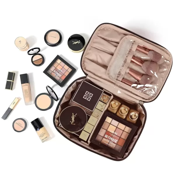 imageNISHEL Extra Large Double Layer Travel Makeup Bag Women Cosmetic Organizer Case Travel Essentials Accessories with Shoulder Strap for Bottles Brushes Conditioner Skin Care Products PinkBlack