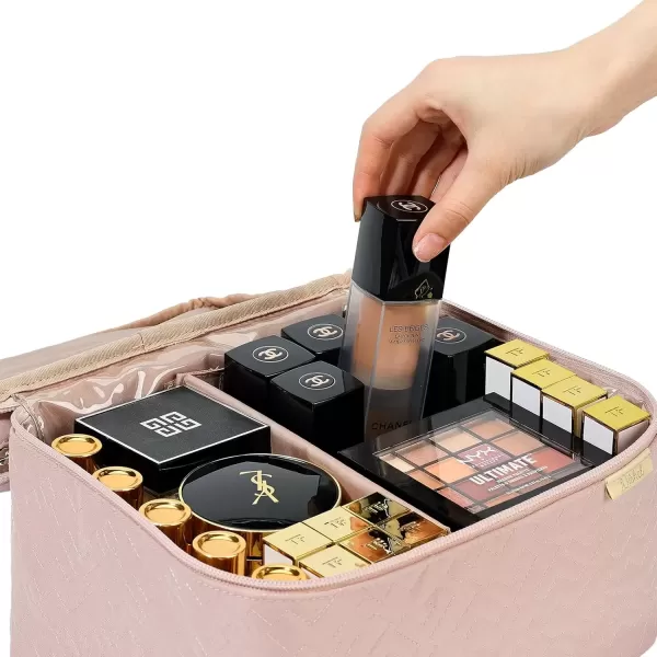 imageNISHEL Extra Large Double Layer Travel Makeup Bag Women Cosmetic Organizer Case Travel Essentials Accessories with Shoulder Strap for Bottles Brushes Conditioner Skin Care Products PinkPink