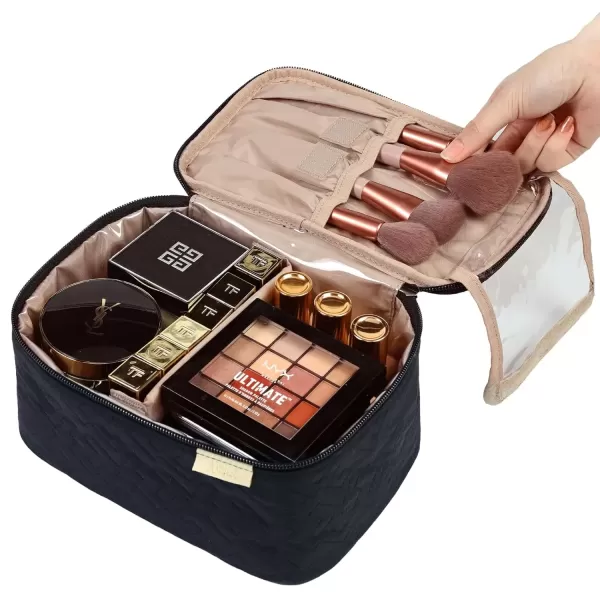 imageNISHEL Extra Large Double Layer Travel Makeup Bag Women Cosmetic Organizer Case Travel Essentials Accessories with Shoulder Strap for Bottles Brushes Conditioner Skin Care Products PinkBlack