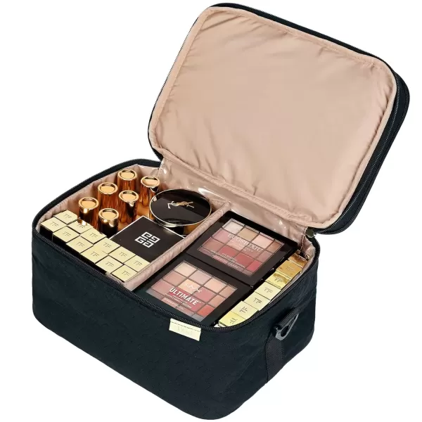 imageNISHEL Extra Large Double Layer Travel Makeup Bag Women Cosmetic Organizer Case Travel Essentials Accessories with Shoulder Strap for Bottles Brushes Conditioner Skin Care Products PinkBlack