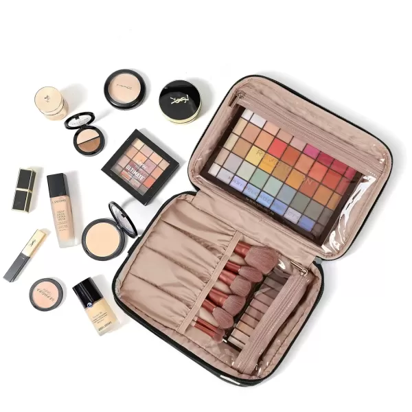 imageNISHEL Extra Large Double Layer Travel Makeup Bag Women Cosmetic Organizer Case Travel Essentials Accessories with Shoulder Strap for Bottles Brushes Conditioner Skin Care Products PinkBlack