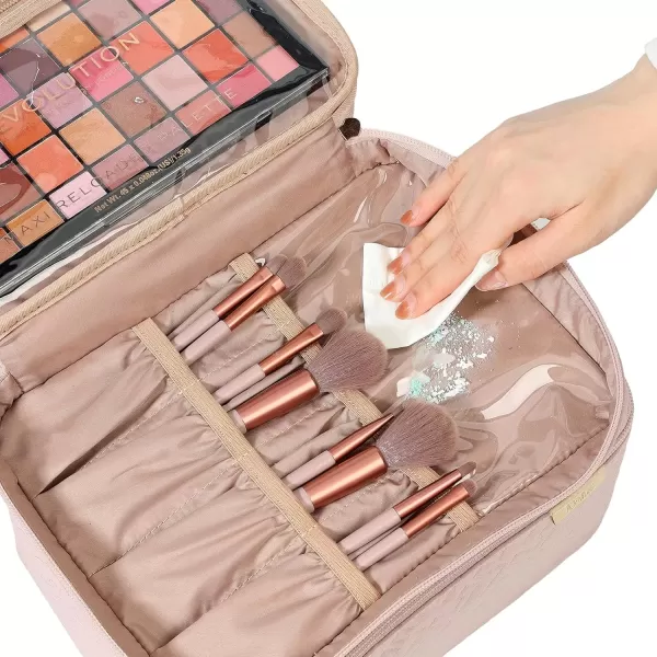 imageNISHEL Extra Large Double Layer Travel Makeup Bag Women Cosmetic Organizer Case Travel Essentials Accessories with Shoulder Strap for Bottles Brushes Conditioner Skin Care Products PinkPink