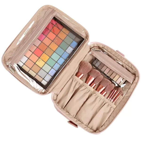 imageNISHEL Extra Large Double Layer Travel Makeup Bag Women Cosmetic Organizer Case Travel Essentials Accessories with Shoulder Strap for Bottles Brushes Conditioner Skin Care Products PinkPink