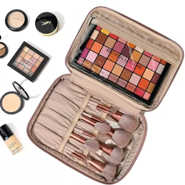 imageNISHEL Extra Large Double Layer Travel Makeup Bag Women Cosmetic Organizer Case Travel Essentials Accessories with Shoulder Strap for Bottles Brushes Conditioner Skin Care Products PinkRosewood Pink
