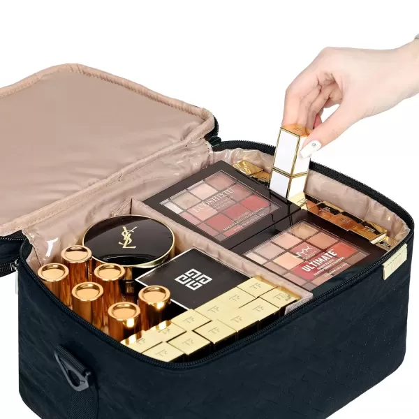 imageNISHEL Extra Large Double Layer Travel Makeup Bag Women Cosmetic Organizer Case Travel Essentials Accessories with Shoulder Strap for Bottles Brushes Conditioner Skin Care Products PinkBlack